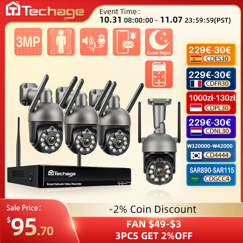 Techage 3MP PTZ Wireless CCTV System Two Way Audio WIFI IP Security Camera 10CH P2P NVR Video Surveillance Kit Human Auto Track