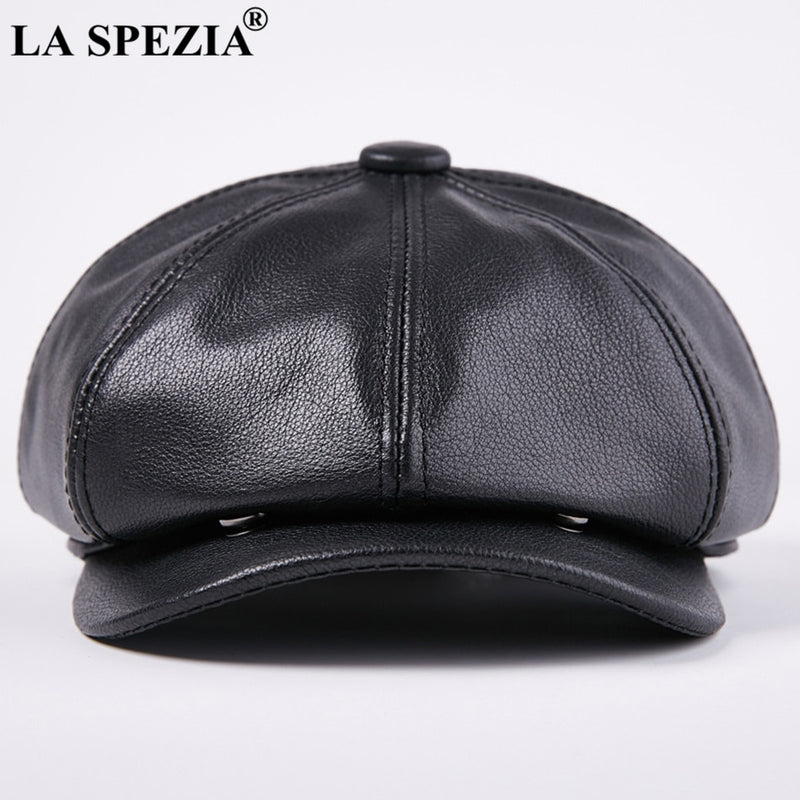 LA SPEZIA Octagonal Cap Real Leather Men Black Vintage Newsboy Caps Male Spring Casual Gatsby Hat Classic Painter Flat Hats