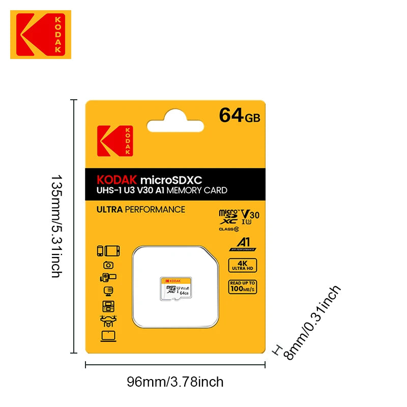 KODAK MicroSD Memory Card 128GB 256GB UP TO 100MB/s Class10 U3 32GB 64GB TF Card 4K HD with Card Reader Adapter Microsd for PC