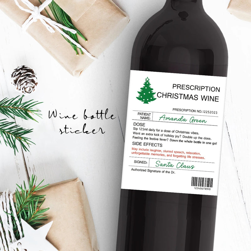 6pcs Hilarious Prescription Wine Labels,Festive Christmas Tree Design,Novelty Wine Bottle Stickers for Birthday,Anniversary Gift