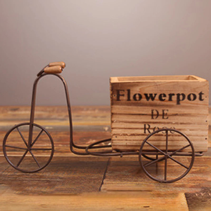 Iron Art Bicycle Flower Rack Vintage Wooden Tricycle Flowerpot Succulent Plant Decoration Desktop Sundries Storage Box Ornaments