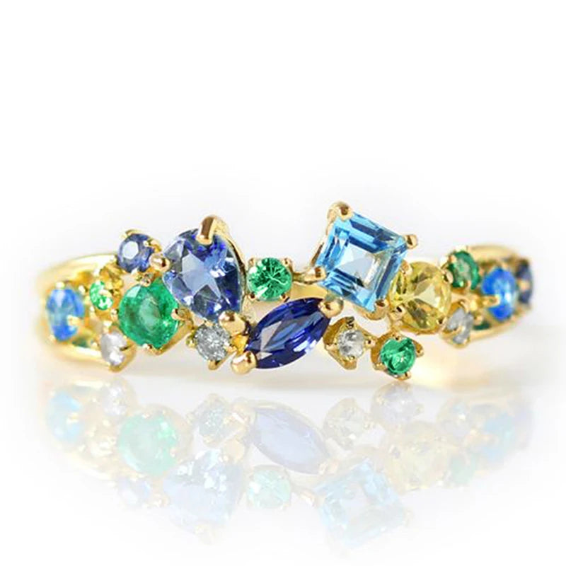 Huitan Modern Trendy Female Rings with Blue/Green Cubic Zirconia Luxury Accessories Daily Wear Party Fashion Jewelry for Women