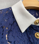 The Cobalt Lace | Floral Lace Patchwork Midi Dress with Retro Turn-Down Collar