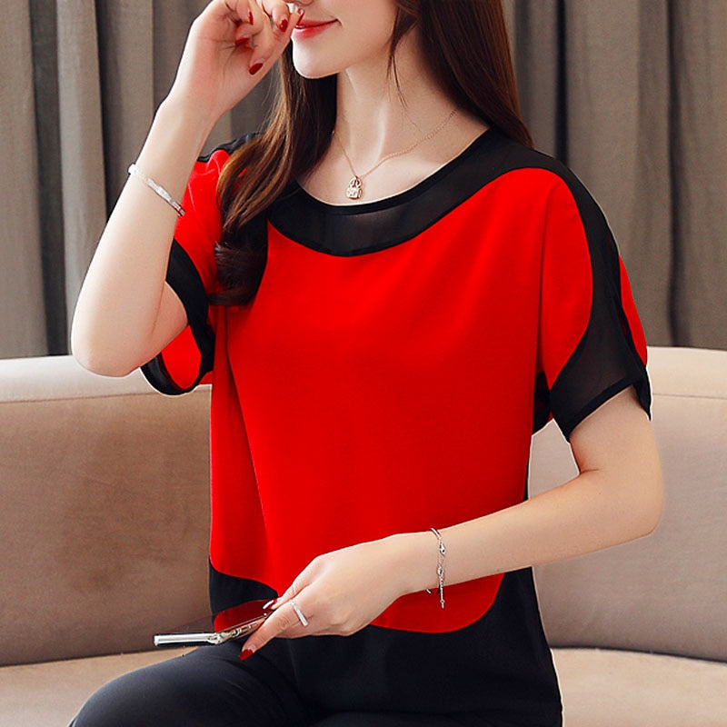 Womens Tops And Blouses Fashion 2023 Chiffon Blouse Loose Ladies Tops Shirts Solid Short O-Neck Batwing Sleeve 3397 50