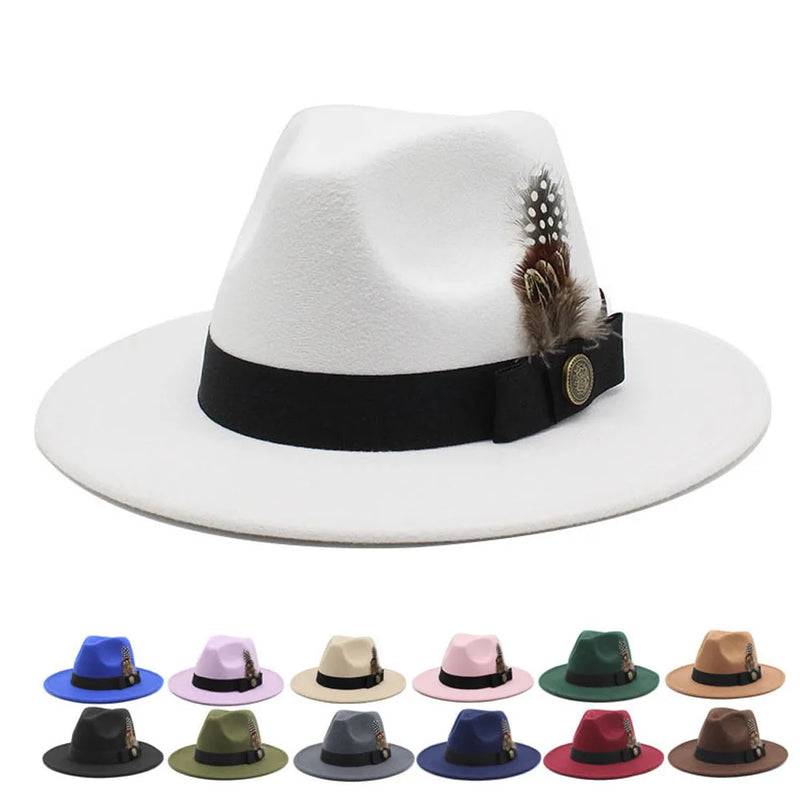 White Woolen Gentleman Classic British Jazz Feather Top Hat Wide Brim Party Church Wedding Fedora Hats Men Women Panama Felt Cap