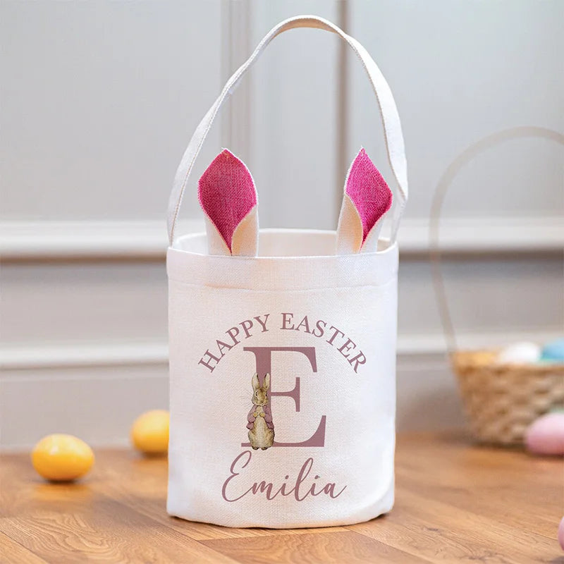 Personalised Initial name pink blue Bunny rabbit bag happy Easter party home decoration Egg Hunt basket kid boy girl gift Bucket