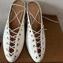 The Sorbonne | White Closed-Toe Kitten Heel Mule with Lace-Up Detail