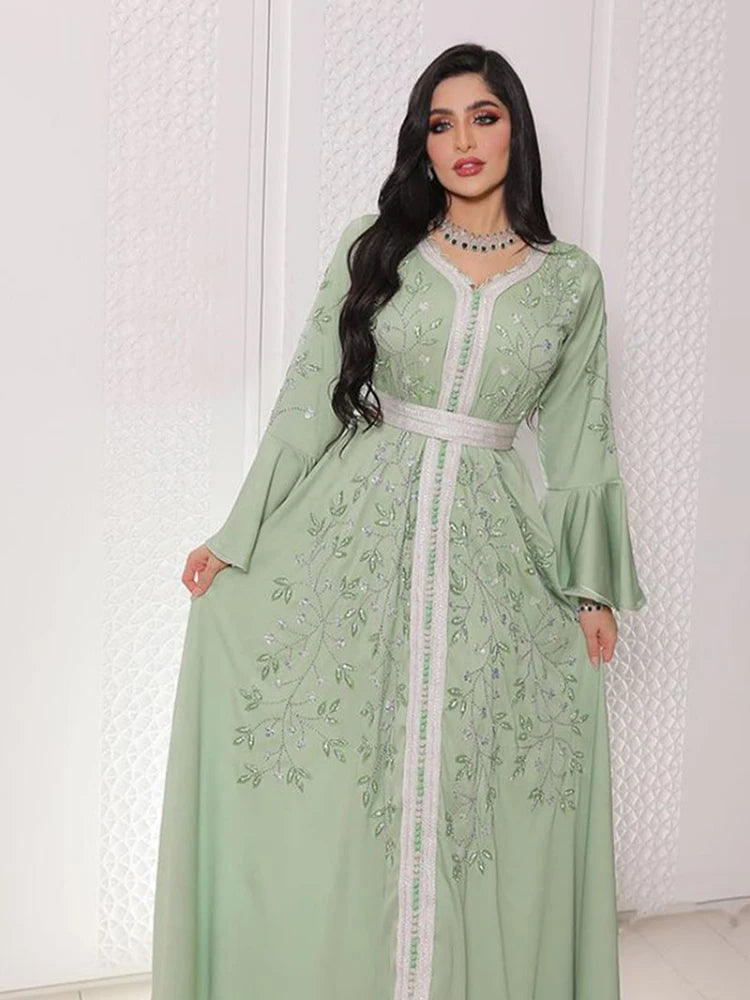 India Turkey Muslim Abaya Ramadan Eid Women Elegant Diamond Wedding Evening Party Dress Belted Jalabiya Gown Morocco Caftan Robe