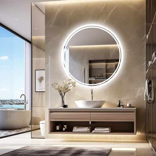 Badezimmerspiegel mit LED-Beleuchtung, runder hinterleuchteter, beleuchteter, wandmontierter Lichtspiegel, Antibeschlag, 3 Farbwechsel, IP65 dimmbar