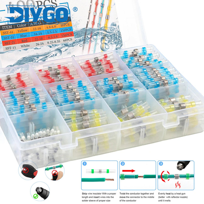 50~400Pcs Solder Seal Sleeve Wire Connectors KIT 3:1 Heat Shrink Insulated Wire Terminals Waterproof Butt Splice Connector