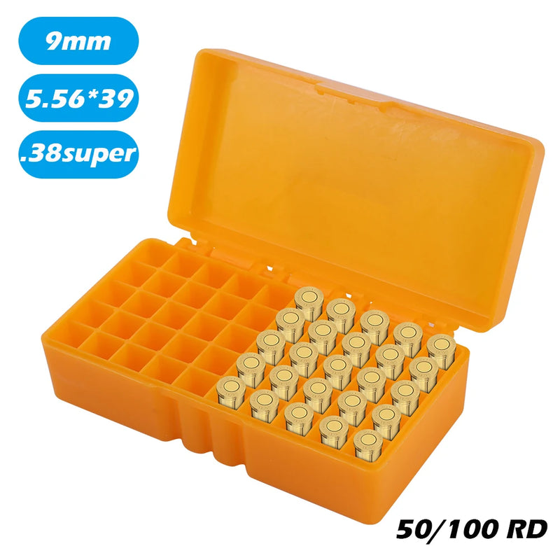 50/100 Rounds Tactical Ammo Box Bullet Shell Holder Box Rifle Cartridge Storage Case Ammo Can for 9mm .223 5.56x39 .38super