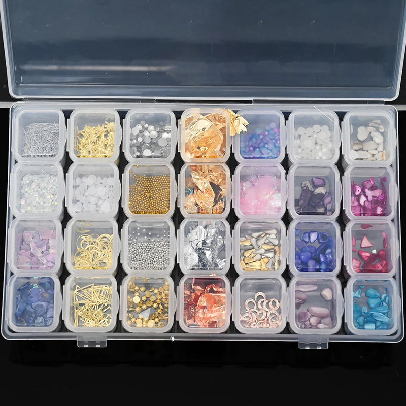 28Grids 3D Nails Art Jewelry Rhinestone Shell/Rivet/Pearl/Diamond Metal Resin Stud Manicure Charms Mixed Box Decorations ZB01