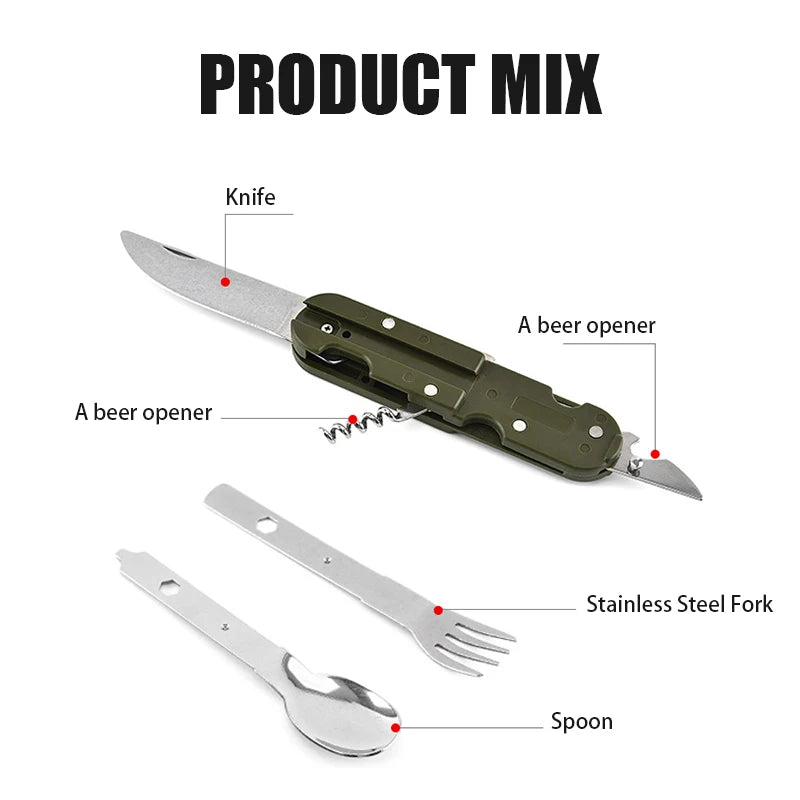 Camping Folding Picnic Cutlery Knife Portable Stainless Steel Army Green Fork Spoon Bottle Opener Flatware Tableware Travel Kit