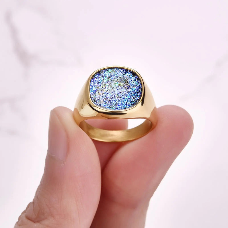 Trend Colourful Signet Square Ring Metal Glossy Geometric Width Crystal Bud Finger Punk Style Fashion Ring Jewelry Accessories