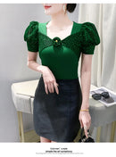 Women's Chic Youthful Square Neck Puff Sleeve T-Shirt Shimmery Floral Summer Blouse  Slim Fit Trendy Top