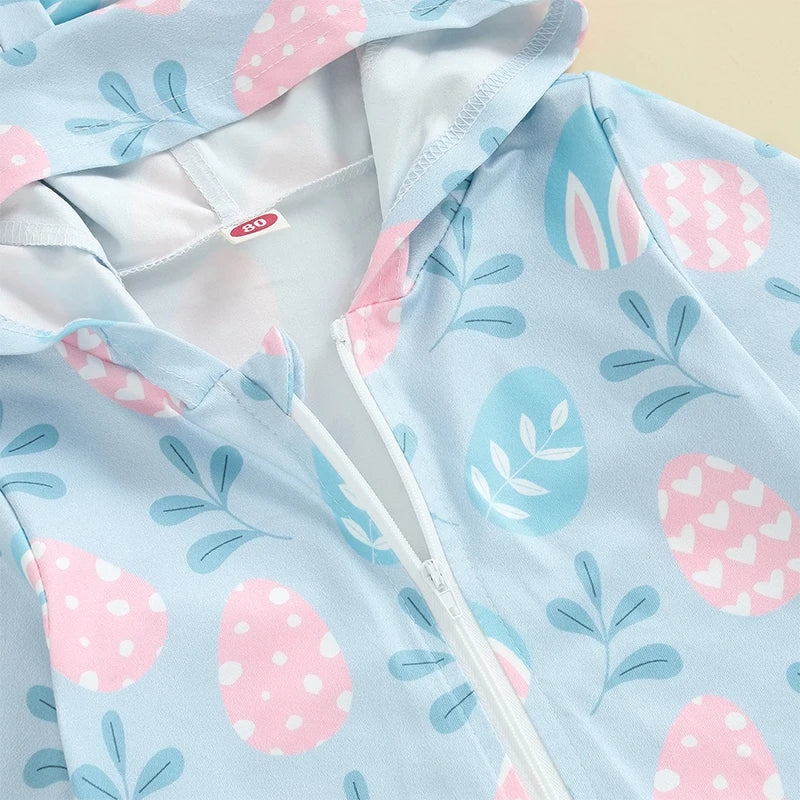 Easter Bunny Print Cotton Blend Long Sleeve Rompers for Infant Boys and Girls Hooded Spring Bodysuits with Cute Rabbit Design