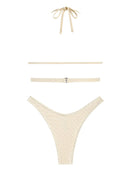 ZAFUL Women's Lace Overlay Halter Tied Cheeky High Leg Brazilian Two Piece Swimwear Bikini Set