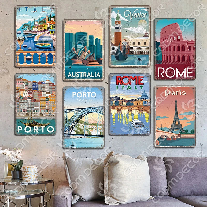 Capital City Scenery Tin Sign Metal Plate Canada Mexico Greece Dubai Metal Poster Vintage Wall Decor for Cafe Living Room Home