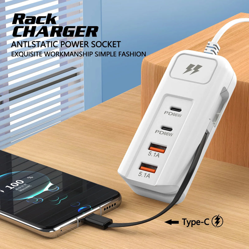 4 Ports USB Charger PD 66W Fast Charging Wall Chargers For iPhone Xiaomi Samsung Mobile Phone Travel Power Socket Adapter