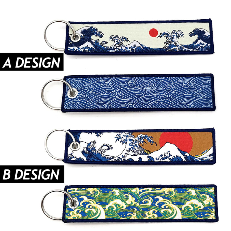 JDM Car Fabric Keychain Key Ring Hokkaido waves Key Tag Kanagawa Surfing Embroidered Key Chain  Man Automotive Accessories