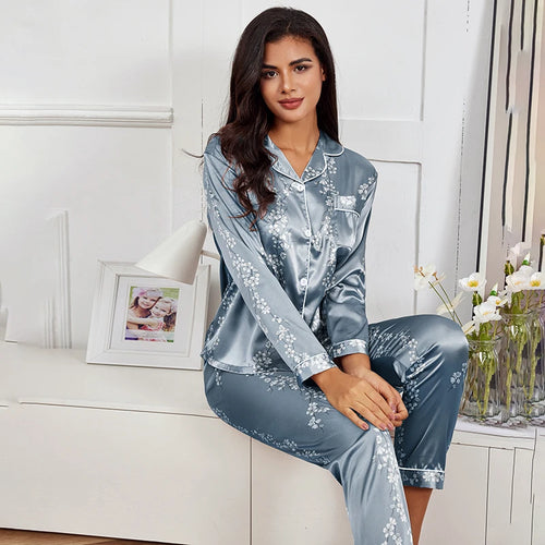 Frühling Herbst Pyjama Damen Seidensatin Schlafanzug Set Langarm Shirt mit Hose Nachtwäsche Loungewear Damen Pyjama Anzüge Mujer