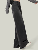 2024 Woman Korean High Waist Jeans Lady Slim Fit Loose Denim Wide Leg Pants Girls Black Gray High Street Straight Leg Trousers
