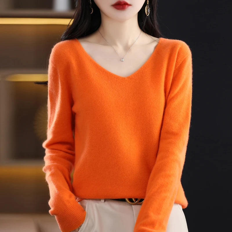 Women 100% Pure Wool Soft Sweater First Line Seamless V-neck Solid Pullover Autumn Winter Basis Casual Cashmere Knit Top