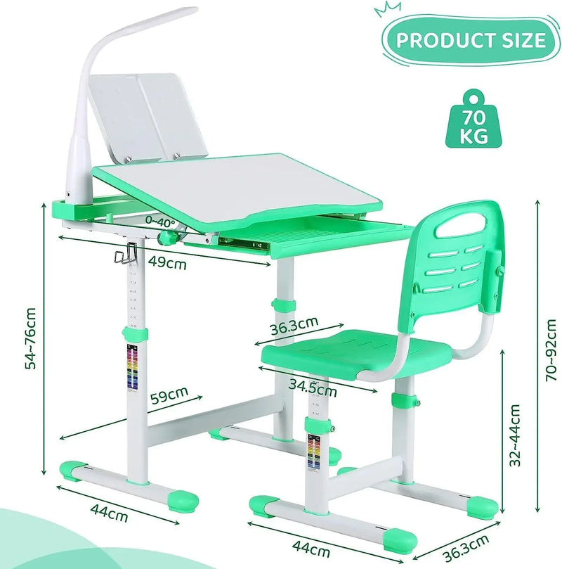 Children's Desk, Ergonomic Table and Thair Set, with Drawer, Reading Stand, Anddimmable LED Lamp, Height-Adjustable