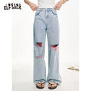ELFSACK 2025 Summer New Arrivals Broken Hole Casual Wide Leg Loose Denim Pants For Women