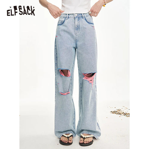 ELFSACK 2025 Summer New Arrivals Broken Hole Casual Wide Leg Loose Denim Pants For Women
