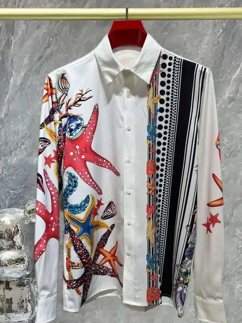 2025 men's European and American popular luxury fashion printed long sleeved shirt, high-quality and comfortable button up top