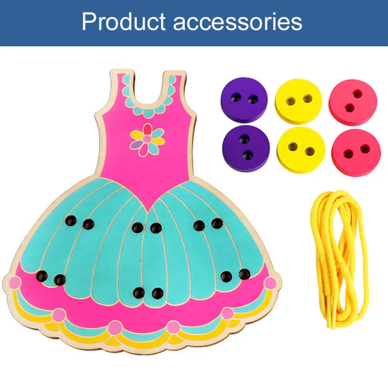 1Set Children's Montessori Learn Basic Life Skills Teaching Aid Skirt Clothes Threading Button Sewing Board Game Educational Toy