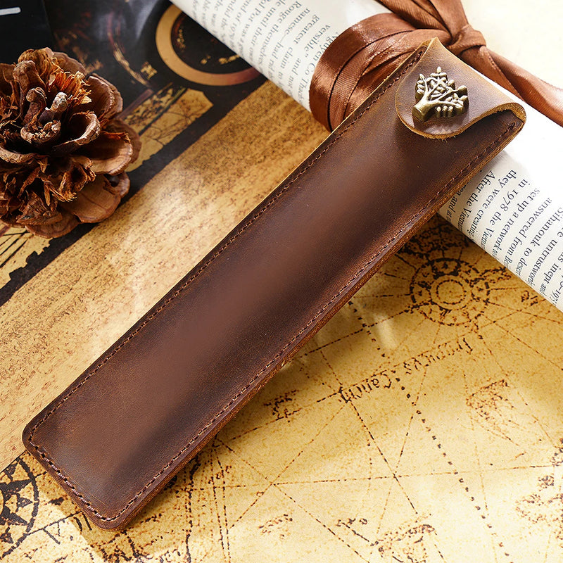 AIGUONIU Genuine Leather Pen Pouch Holder Single Pencil Bag Pen Case With Snap Button For Rollerball Fountain Ballpoint Pen