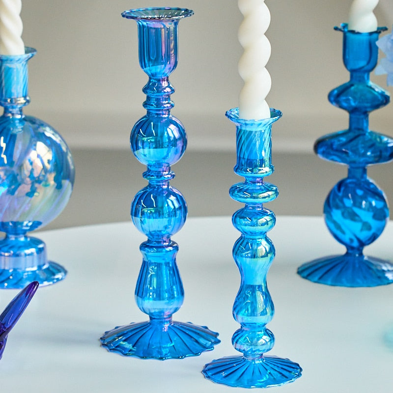 Blue Glass Candle Holder Candlesticks for Wedding Birthday Holiday Home Decoration Morden Decorative Glass