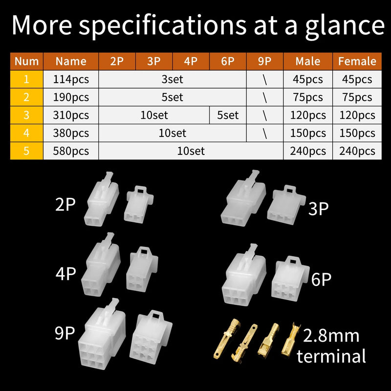 Car Motorcycle Electrical Connectors: 2.8mm 2 3 4 6 9 Pin Wire Terminal Hooks for Male & Female Terminals Assorted Kit