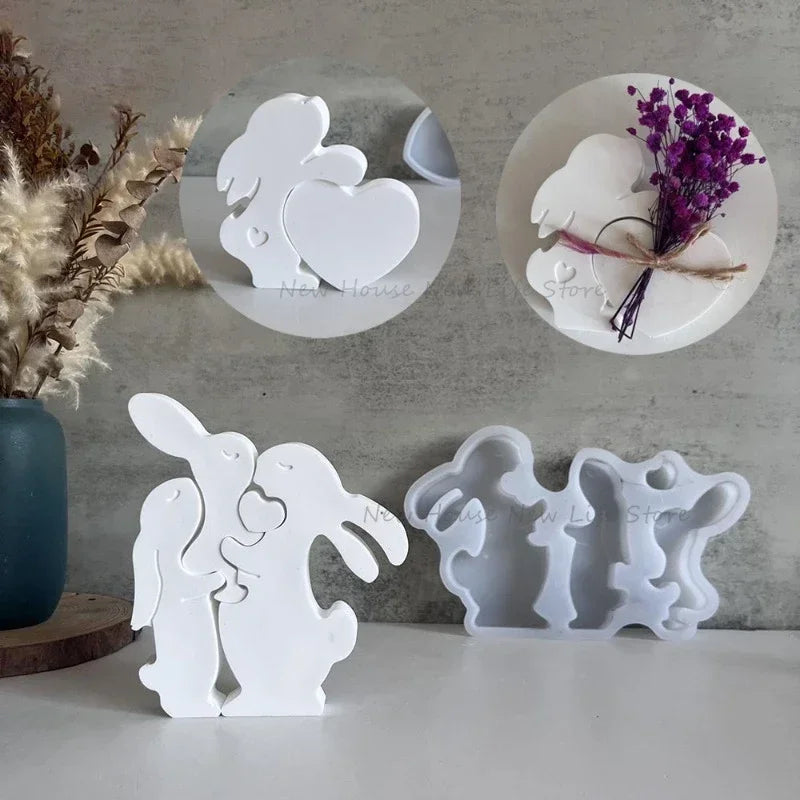 Rabbit Family Silicone Mold Bnuuy Family Concrete Plaster Casting Mould Easter Series Heart Rabbits Plaster Ornaments Molds