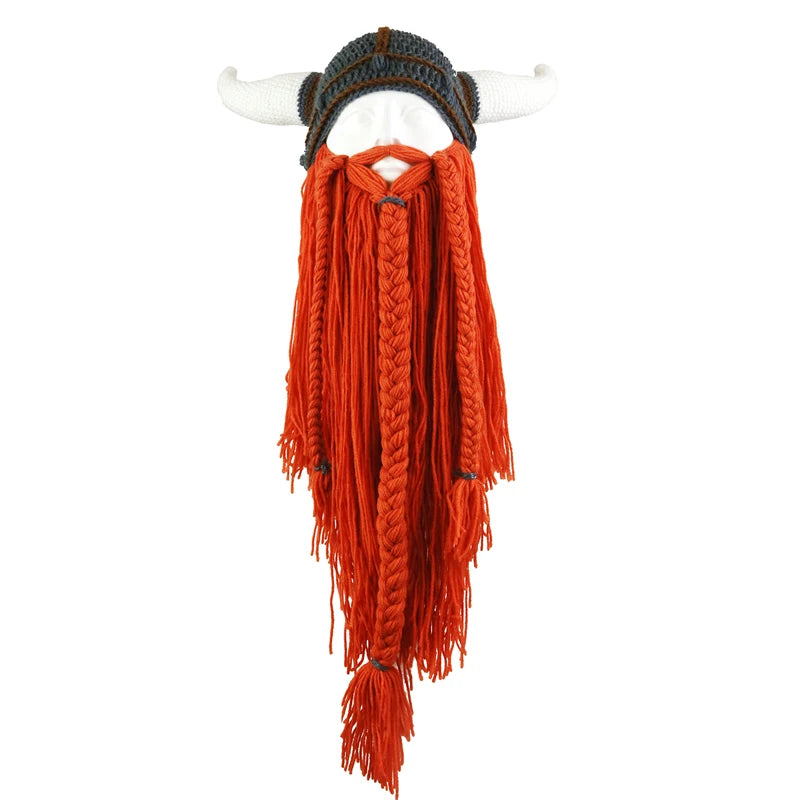 Viking Horn Hat Mask Men Bearded Funny Caps Winter Hand Weave Men Christmas Cosplay Party Funny Tricky Headgear Warm Beanie Caps