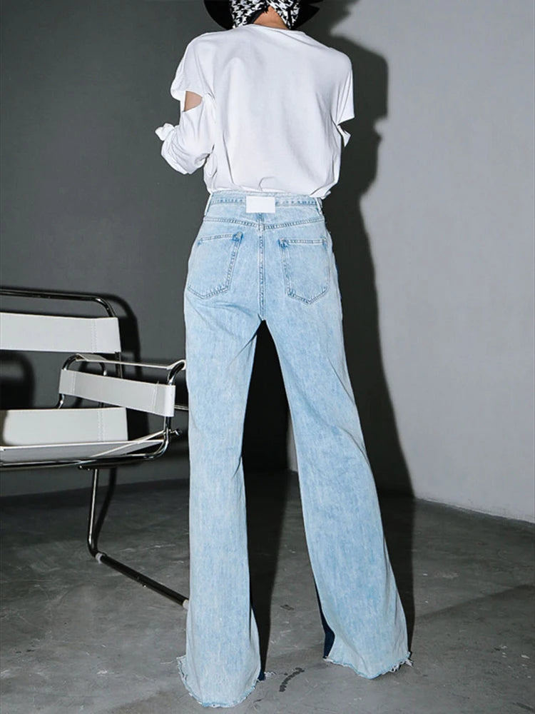[EAM] Blue Contrast Color Split Joint Long Wide Leg Jeans New High Waist Loose Women Trousers Fashion Spring Autumn 2024 1T276