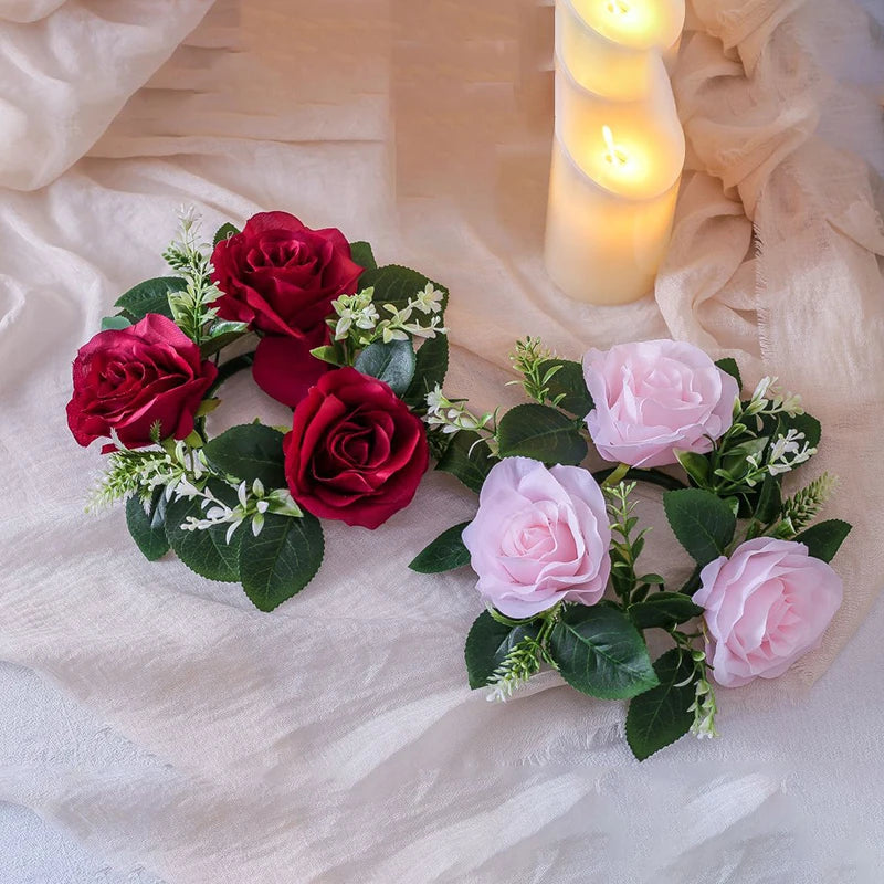 Wedding Candlestick Wreath Artificial Roses Candle Rings Wedding Table Decoration Silk Artificial Garland for Candle Home Decor