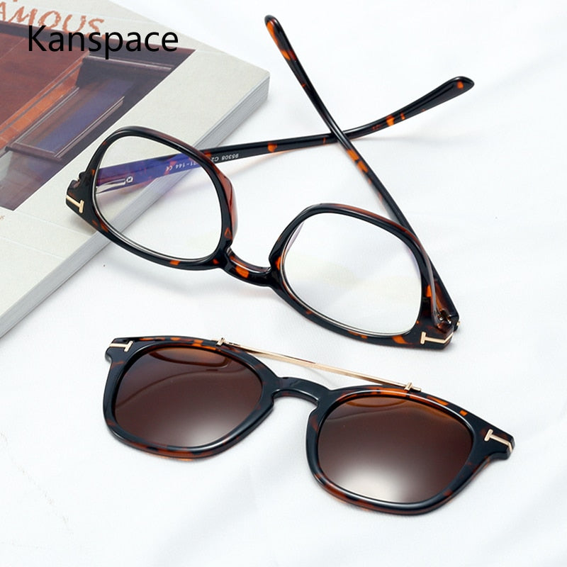 Kanspace Sunglasses Women Men Myopia Optical Vintage Square Glasses Frames Magnetic Clip on Polarized Eyeglasses 95308