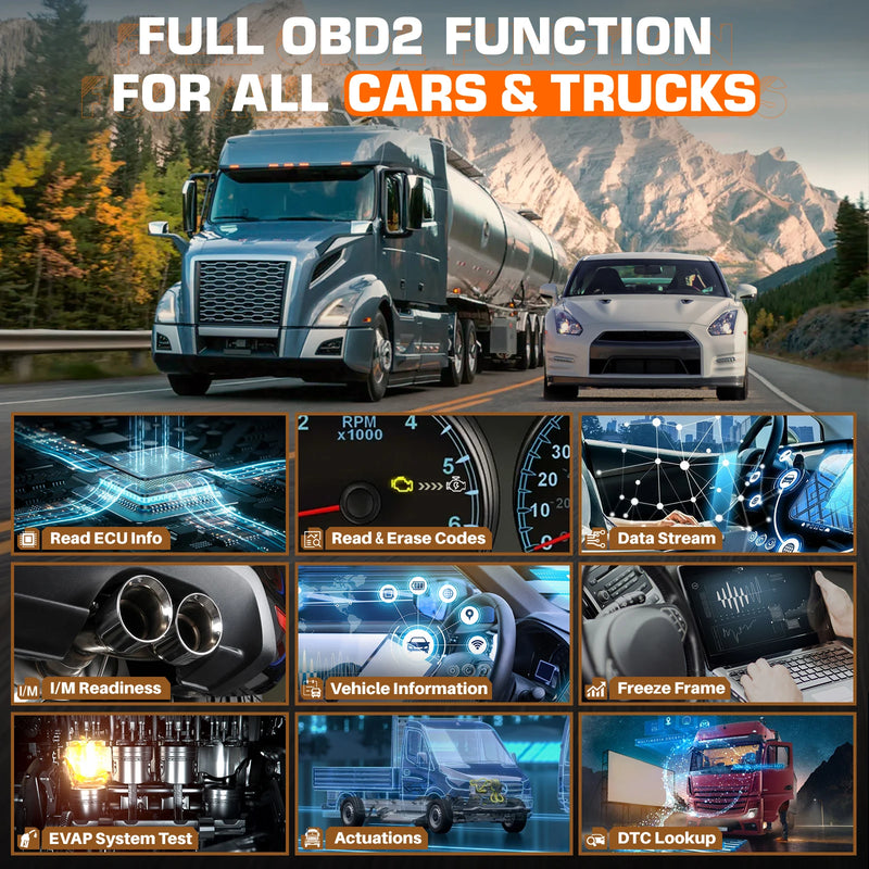 ANCEL V5 HD Heavy Duty Truck Scanner Semi Truck Full System Diagnostic Bidirection Diesel for Cummins/Detroit/Caterpillar/Paccar