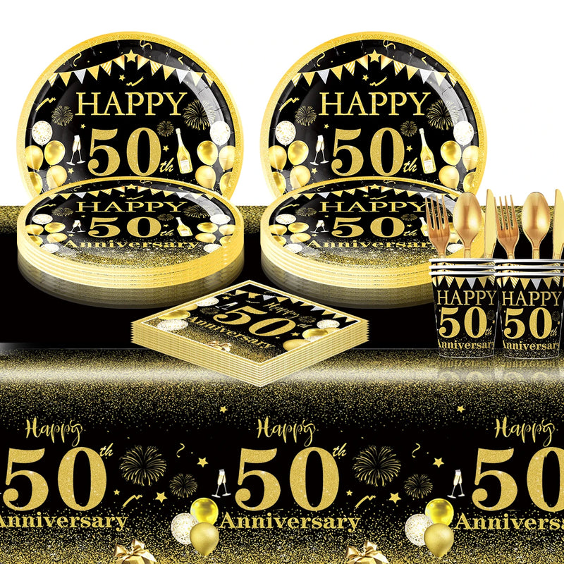 Happy 50th birthday party table supplies, black and gold theme, napkins, 7inch paper cups, tablecloth, plates,  party decoration