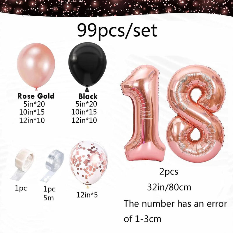 99pcs Rose Gold 18th Birthday Happy Balloon Set suitable for birthday parties and adult decorations