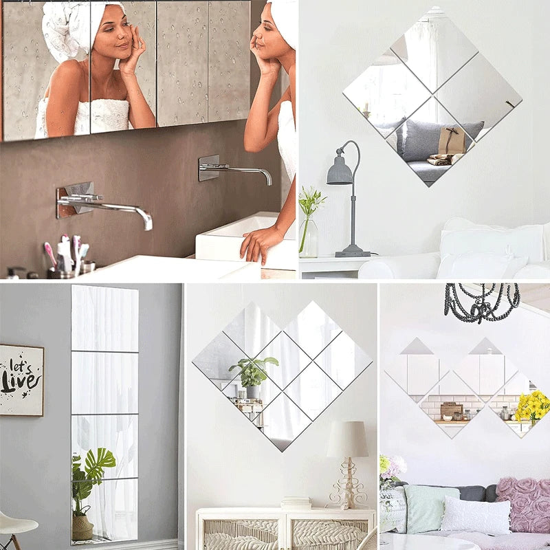 8/12pcs Self Adhesive Mirror Sheets Flexible Non Glass Mirrors Removable Mirror Wall Stickers Home Room Bedroom 3D Wall Decor