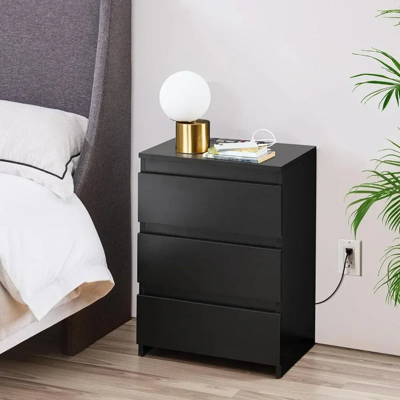 Bedside Table Set of 2, Nightstand with Charging Station, 3-Drawer Bedside Cupboard Storage Cabinet with 2 USB Ports &