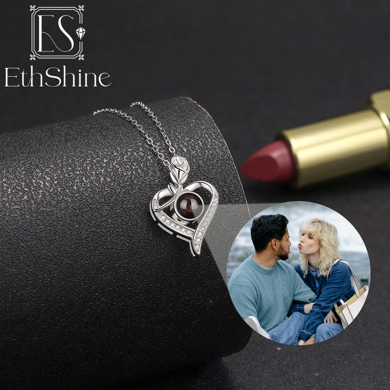 EthShine 925 Sterling Silver Projection Photo Custom Necklace Heart Picture Pendant Necklaces for Women Mother's Day Gift