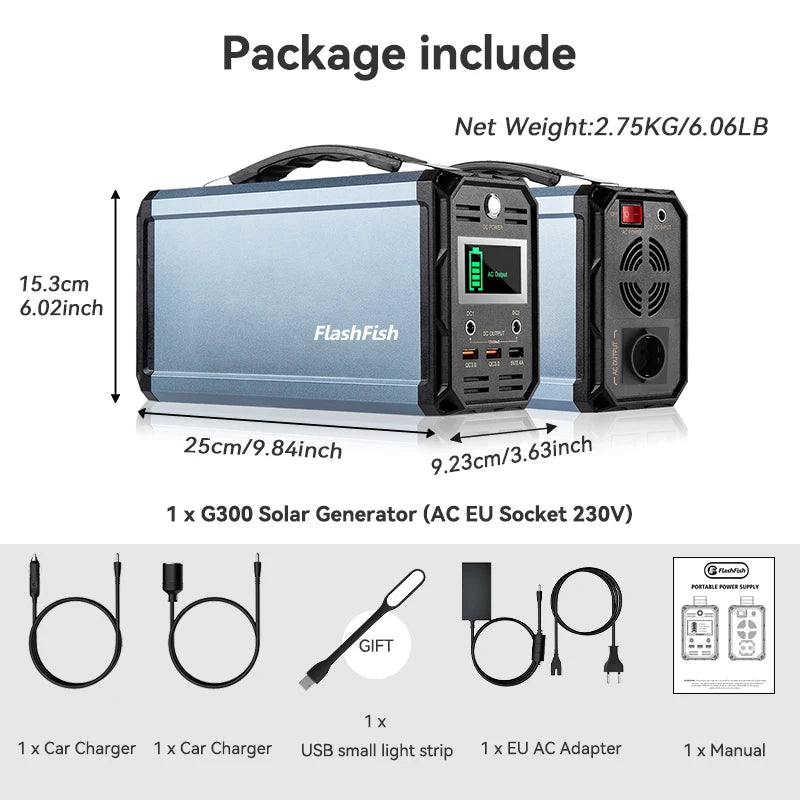 Flashfish Power Station 300W Portable AC Outlet 222Wh Solar Generator Energy Station Backup Power for Outdoor Camping RV Home