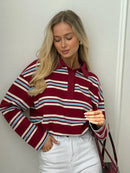 Bornladies Spring Summer New Women's Retro Striped Polo Collar Oversized Long Sleeve T - Shirt Trendy Casual Loose Basic Top