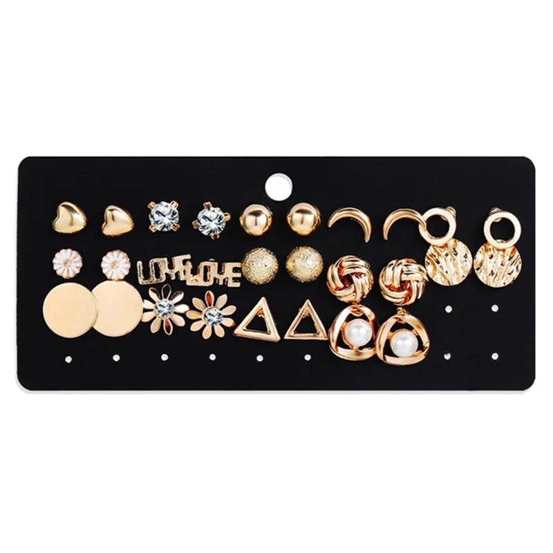 Trendy Vintage Gold Color Earrings Set Pearl Stud Earrings for Women Korean Geometric Crystal Small Earrings 2024 BrincosJewelry