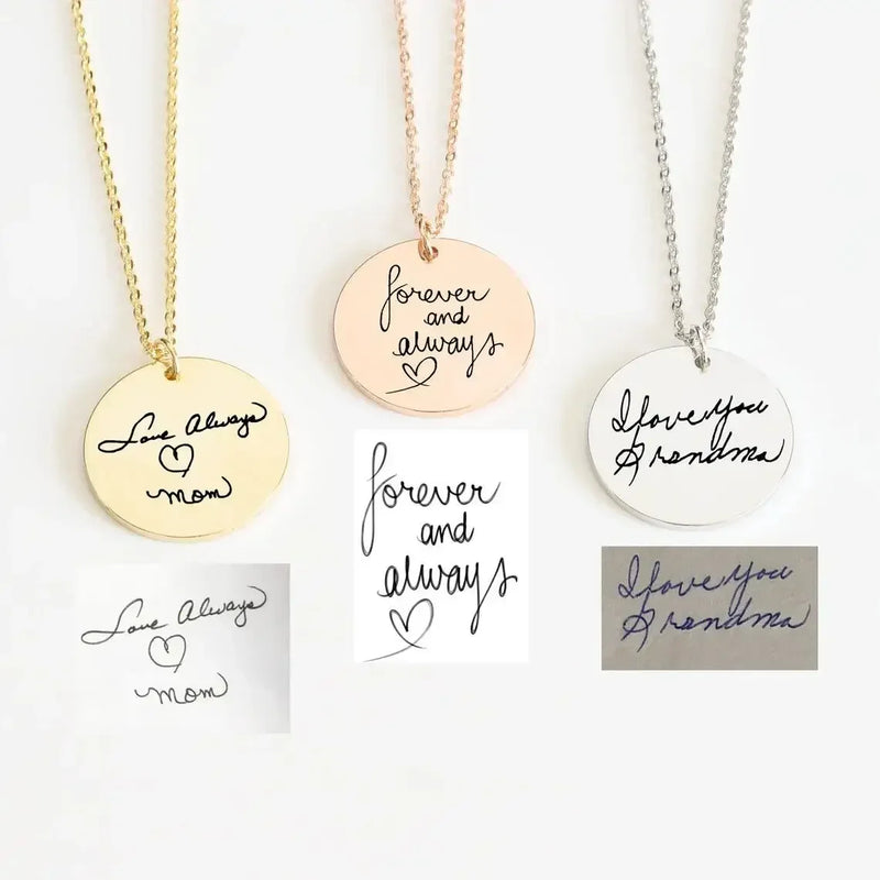 Actual Handwriting Custom Engraved Stainless Steel Round Pendant Necklace Personalization Memorial Signature Gift for Lovers